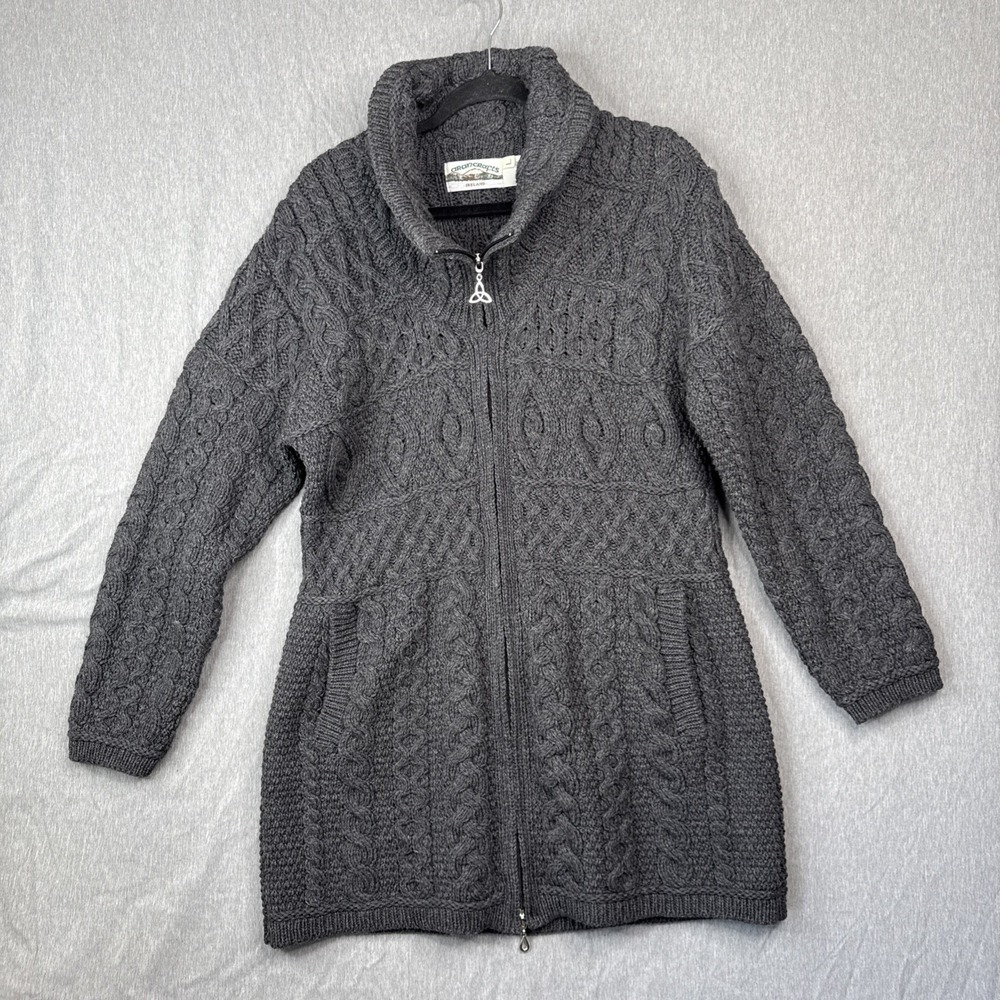 Aran Crafts Sweater Dress Womens Large Gray Cable Knit Fisherman Zip Merino Wool